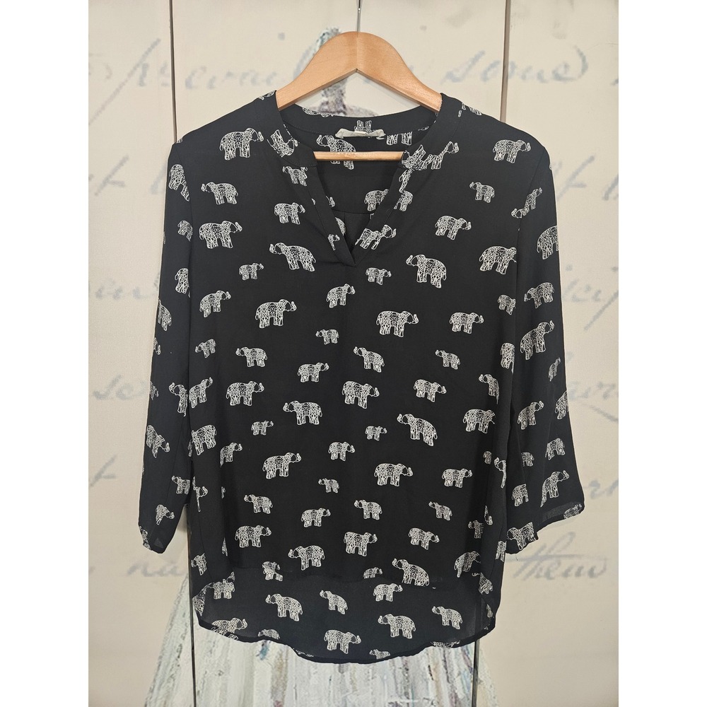 Pink Rose Womens Black White Elephant Print V-Neck 3/4 Sleeve Blouse Medium